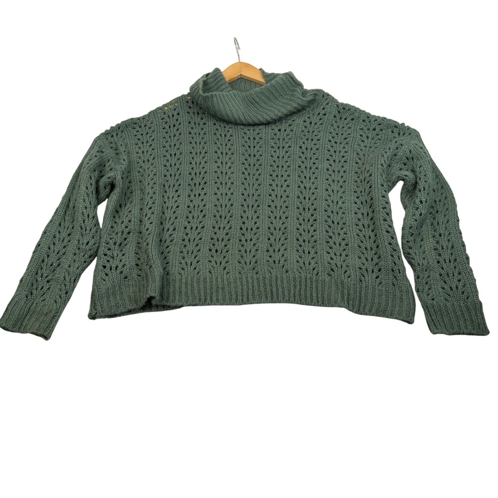 Wishlist Sage Green Pointelle Open Knit Turtleneck Sweater ML Relaxed Fit
